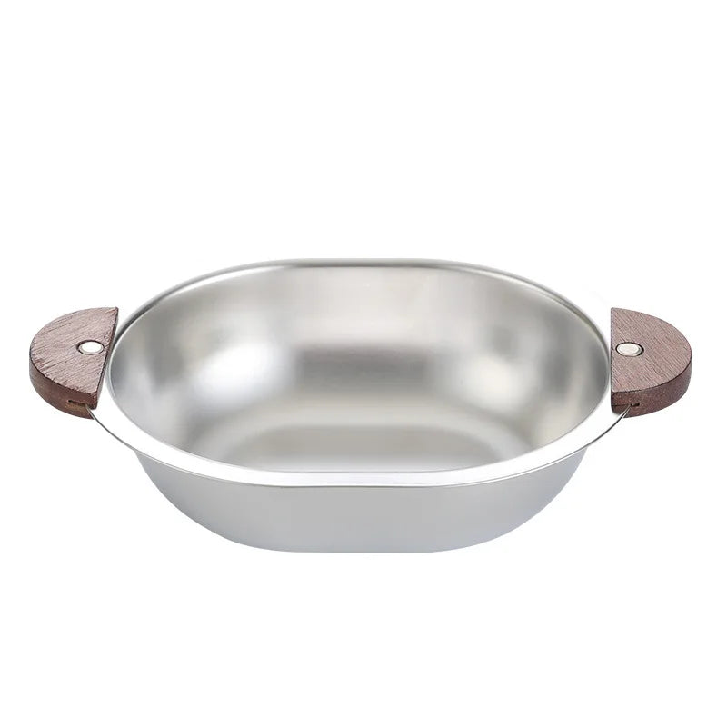 Axyaa Stainless Steel Salad Bowl with Wooden Handle for Children, Outdoor Picnic Tableware
