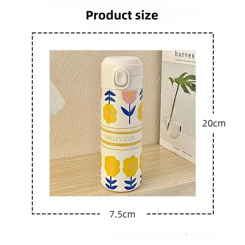 Axyaa Cartoon Tulip Thermos Cup with Straw, Leak-Proof Travel Water Bottle