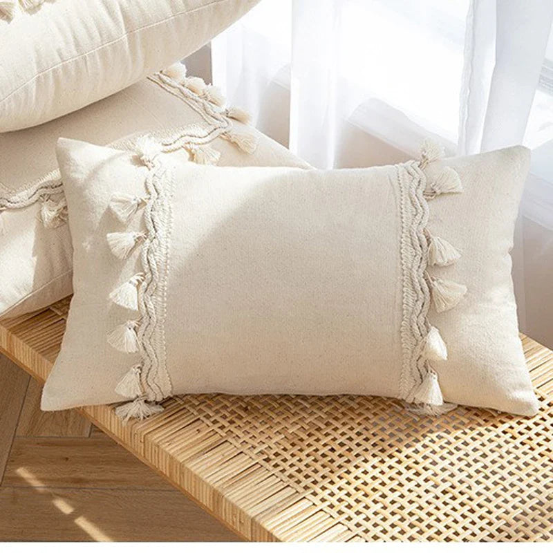 Axyaa Beige Cotton Weave Fringed Cushion Cover for Home Decor