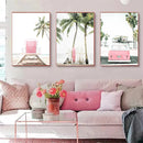 Pink Surfboard Wall Poster Beach Canvas Painting Coconut Tree Art Prints by Axyaa