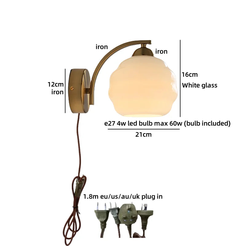 Axyaa Nordic LED Wall Sconce with Switch, Glass Shade, E27 Bulb