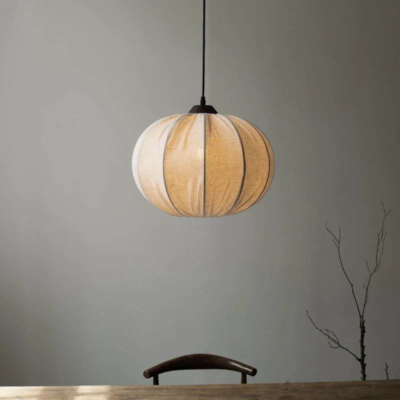 Axyaa Wabi-sabi Fabric Pumpkin Chandelier, Solid Wood Dining Room Tea Room Pendant Lamp