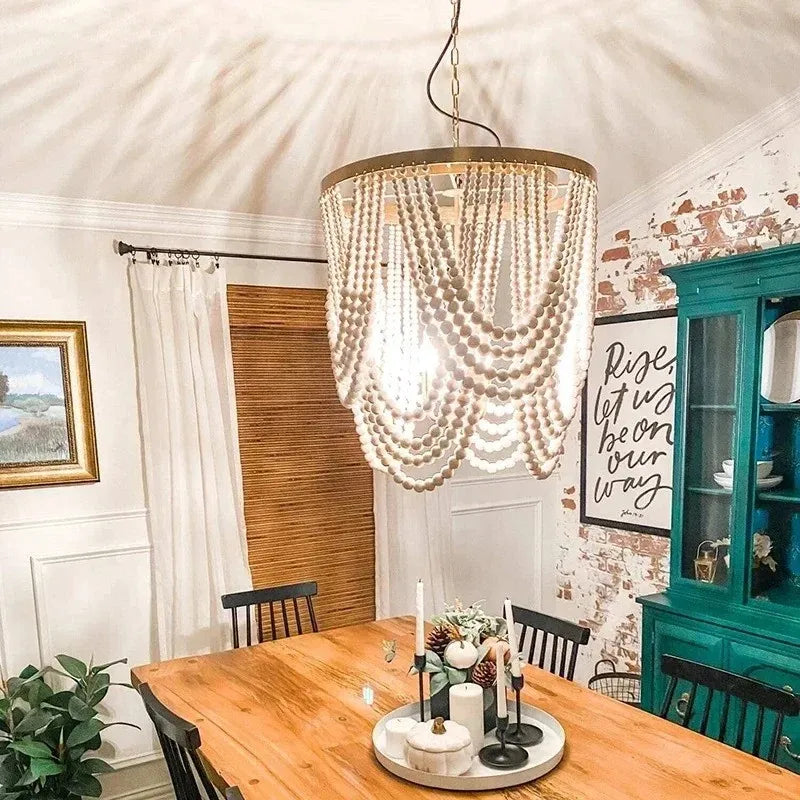 Axyaa Rustic Wood Bead Chandelier LED Round Dining Lamp Boho Bedroom Ceiling Light