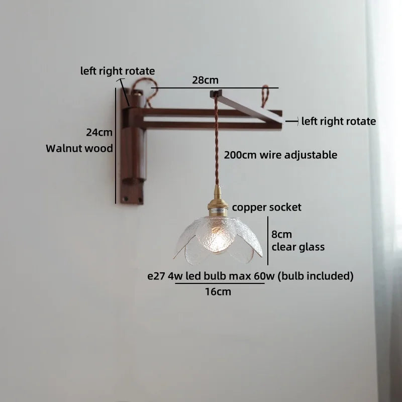 Axyaa Clear Glass LED Wall Sconce with Arm, Black Walnut Wood Stair Light