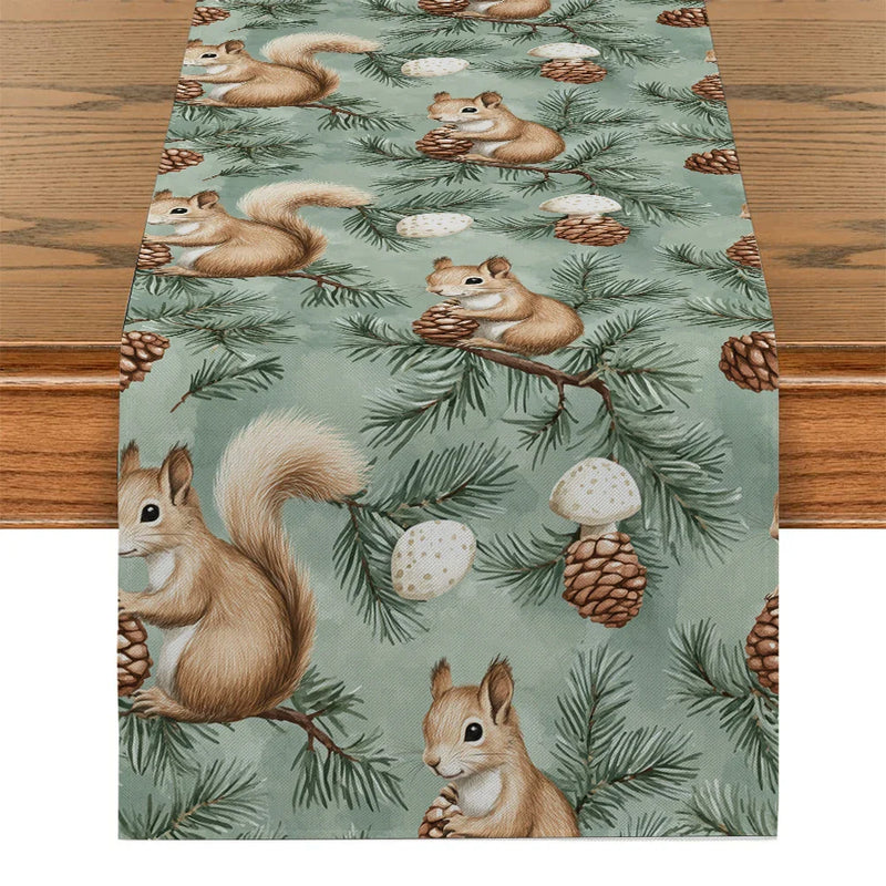 Axyaa Christmas Squirrel Table Runner Pine Cone Decoration Dining Coffee Runners