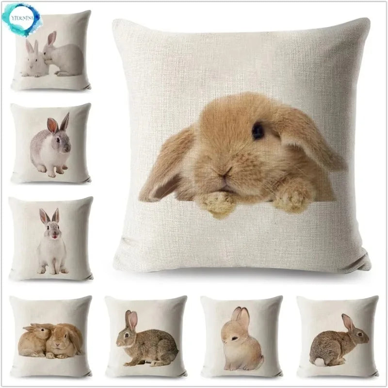 Axyaa Bunny Linen Cushion Cover - Cute Rabbit Throw Pillowcase - Home Decor
