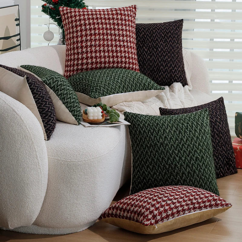 Axyaa Christmas Geometric Pillowcase 45x45cm, Home Decor Sofa Car Chair, Retro Red/Green