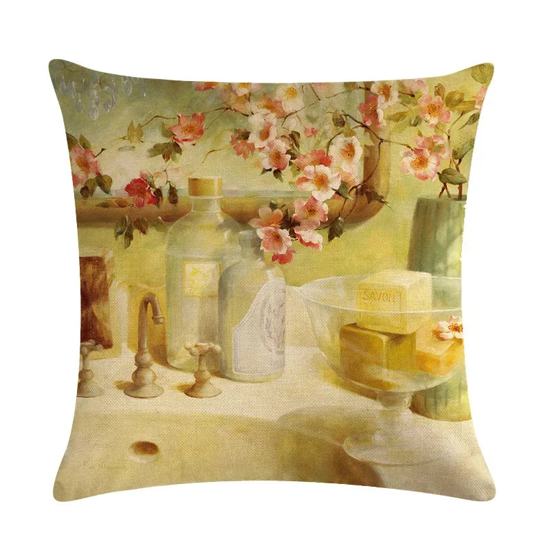 Axyaa Retro Flower Oil Painting Linen Pillowcase 45*45cm