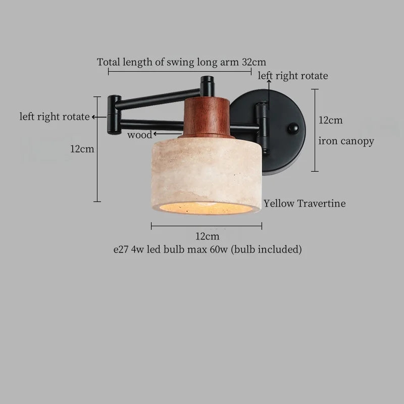 Axyaa Nordic Minimalism LED Wall Sconce Yellow Travertine Pull Chain Switch