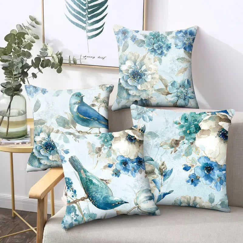 Luxurious Blue Bird Floral Pillowcase by Axyaa - 45x45cm Square Decor for Home & Office