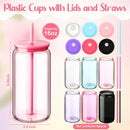 Axyaa Reusable Straw Tumbler Set with Colored Lid - 6PCS Transparent Plastic Cups