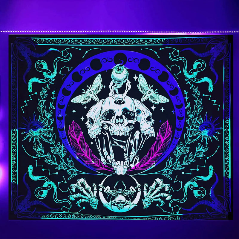Axyaa Psychedelic Skull Head UV Reactive Tapestry Wall Hanging