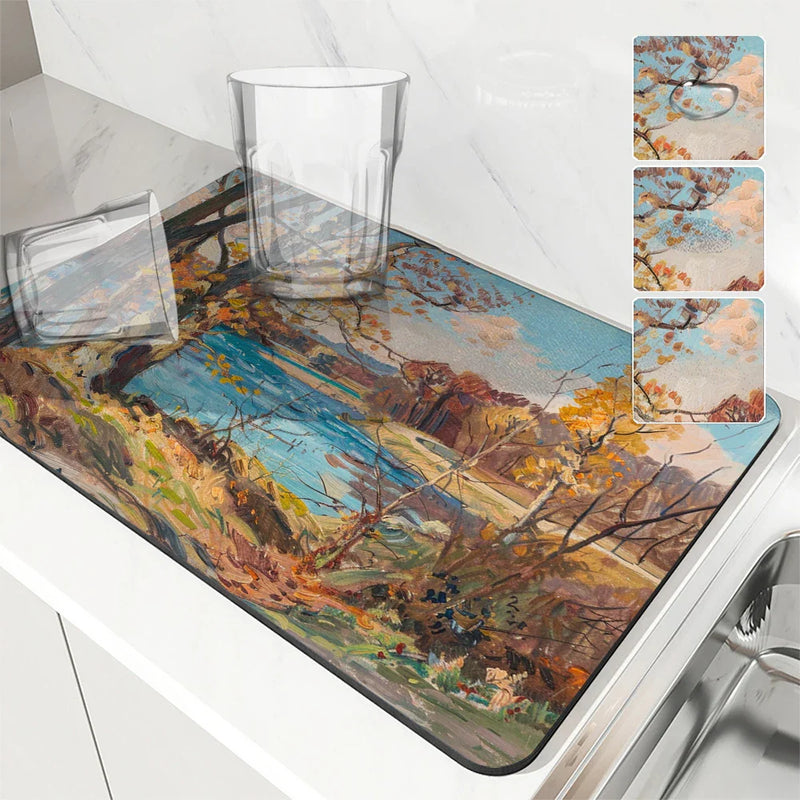 Axyaa Autumn Road Coffee Mat - Absorbent & Anti-Slip Table Drying Mats