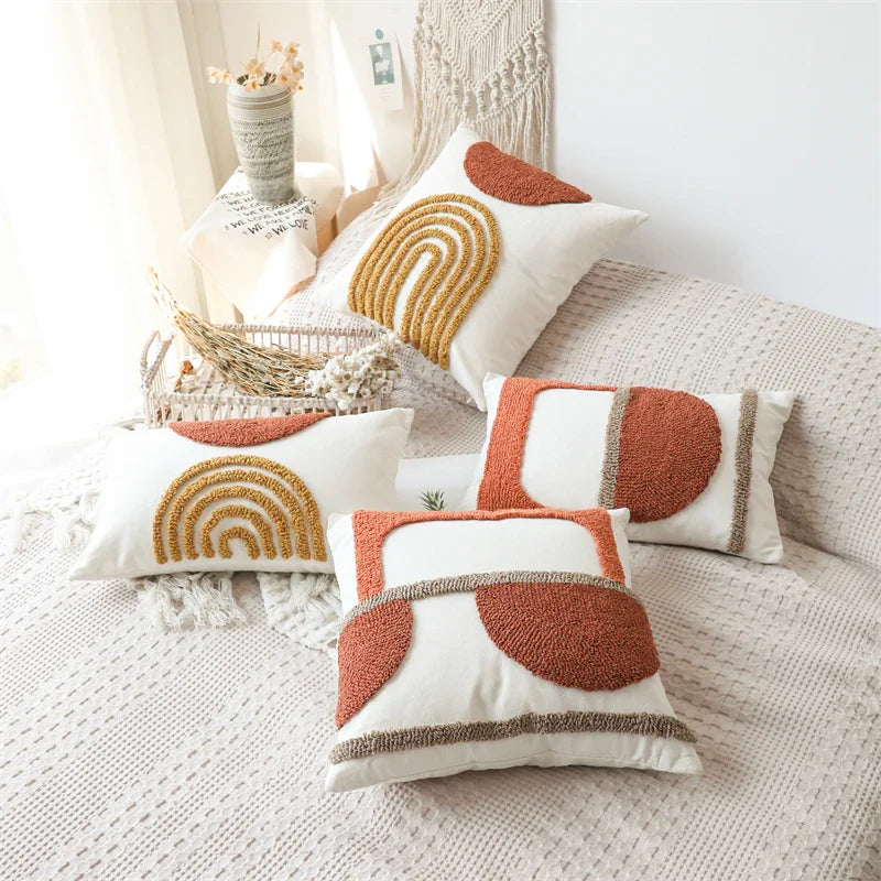 Axyaa Burnt Orange Gematric Tufted Half Circle Cushion Cover for Home Decor