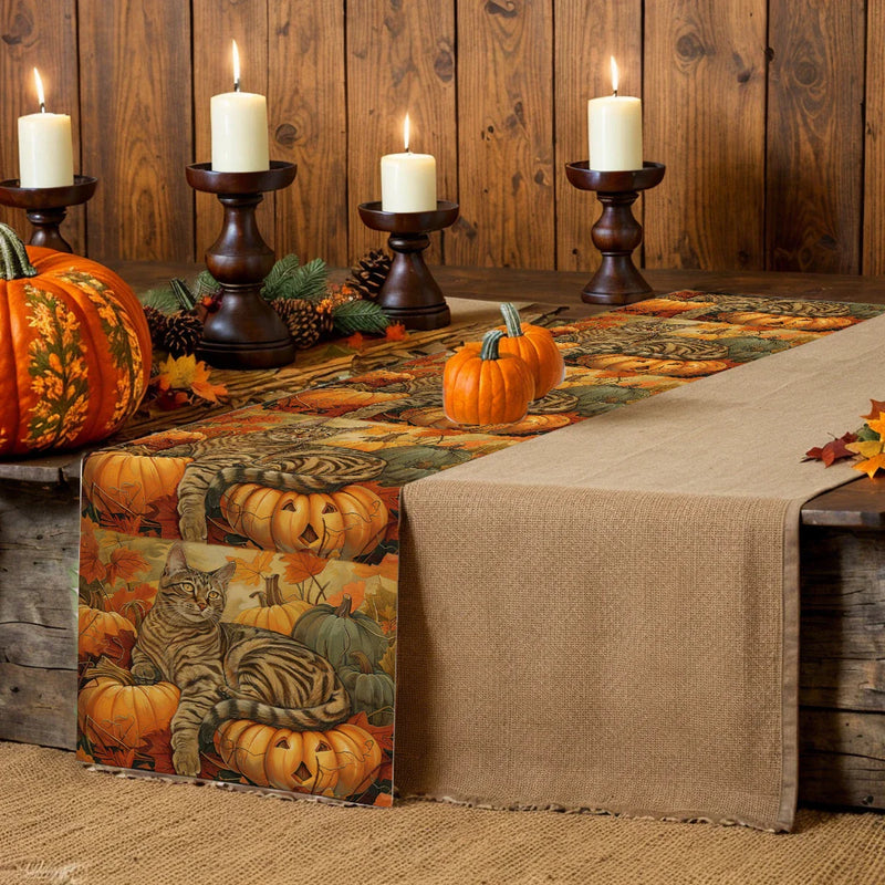 Axyaa Halloween Pumpkin Cat Table Runner Farmhouse Dining Decor