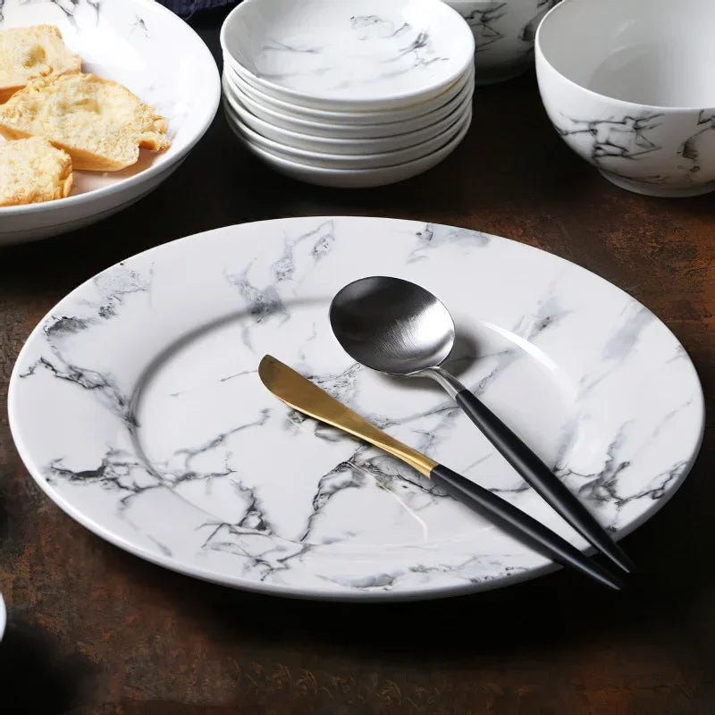 Axya Nordic Marbling Ceramics Cutlery Set - Round Oval Plate Bowl Spoon Pot Kitchen Tableware