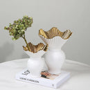 Axyaa White Ceramic Ruffle Edge Belly Vase - Elegant Home & Office Decor