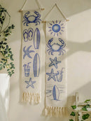 Coastal Tapestry with Crab, Starfish & Surfboard Prints for Boho Home Decor by Axyaa