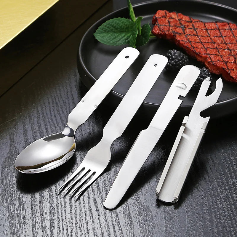 Axyaa 4-in-1 Stainless Steel Picnic Cutlery Set - Dining Knife Fork Spoon Bottle Opener