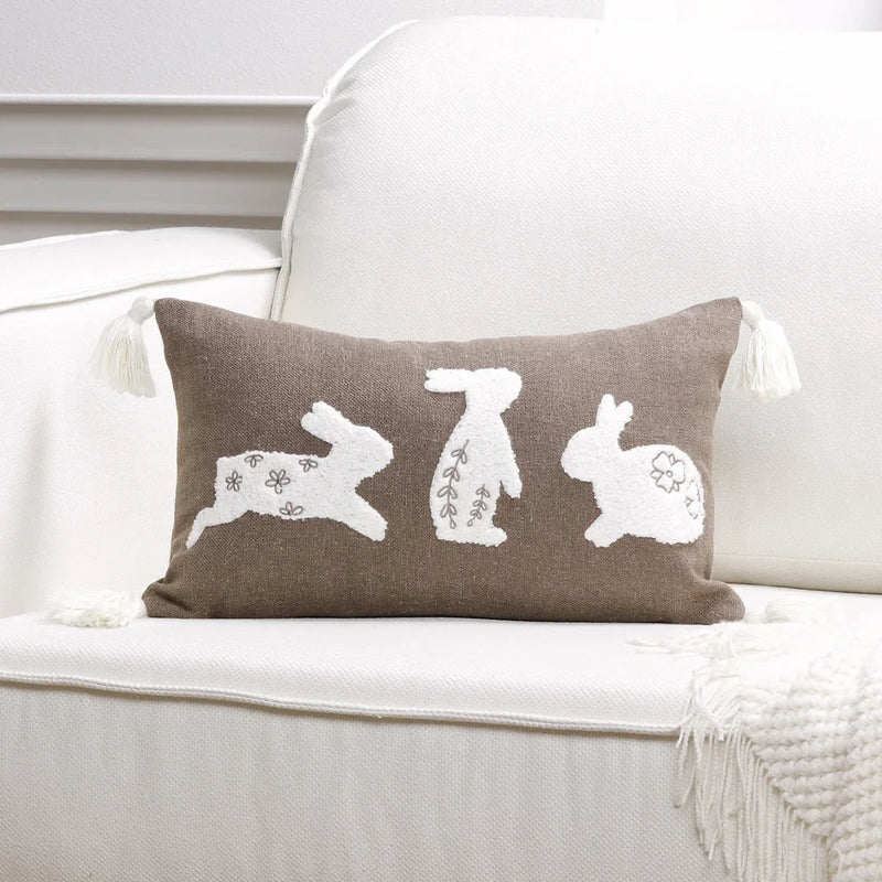 Axyaa Bunny Rabbit Floral Embroidery Pillow Cover, Soft Canvas Texture, Easter Home Decor
