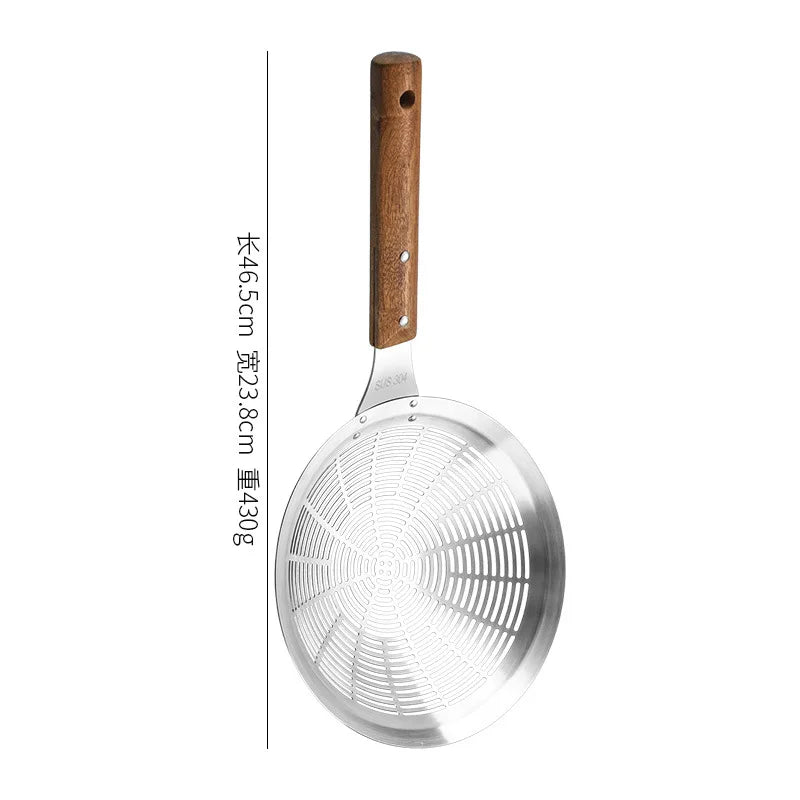 Axyaa Stainless Steel Large Colander with Wooden Handle - Kitchen Strainer Skimmer