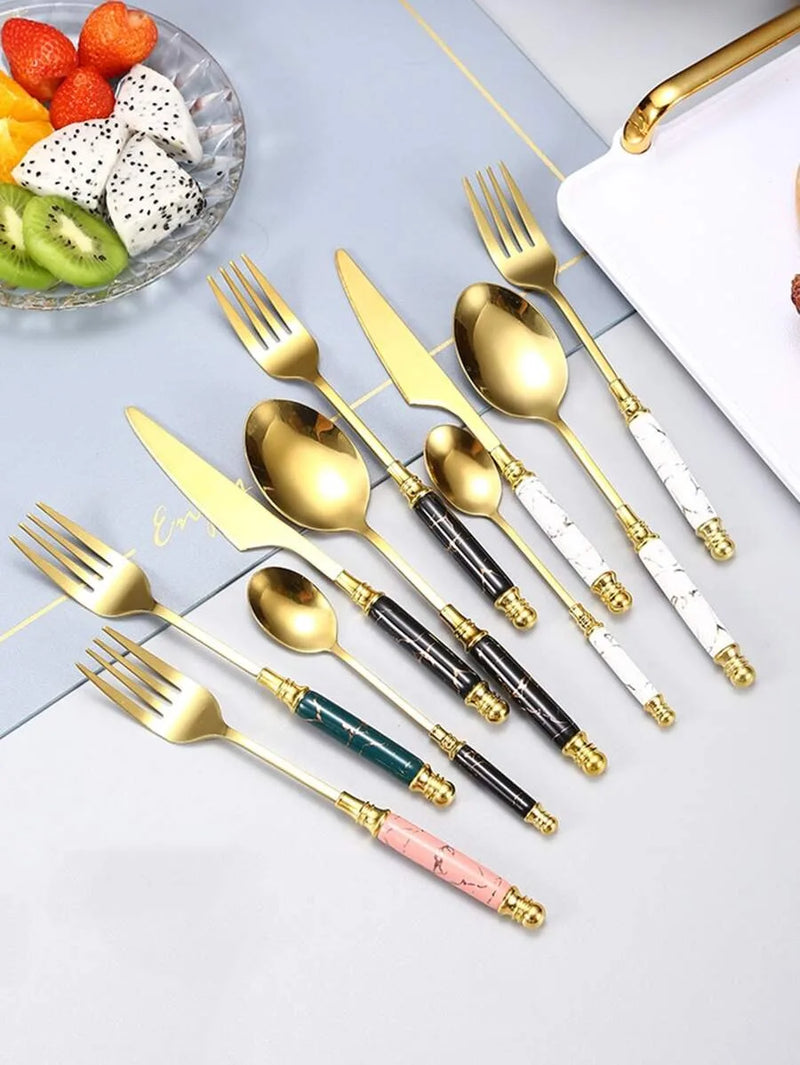 Axyaa 24pcs Ceramic Handle Cutlery Set with Holder - Stainless Steel Knife Fork Spoon