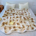 Axyaa Double-Layered Teddy Bear Plush Throw Blanket White with Brown Bear Pattern