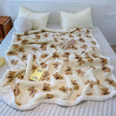 Axyaa Double-Layered Teddy Bear Plush Throw Blanket White with Brown Bear Pattern