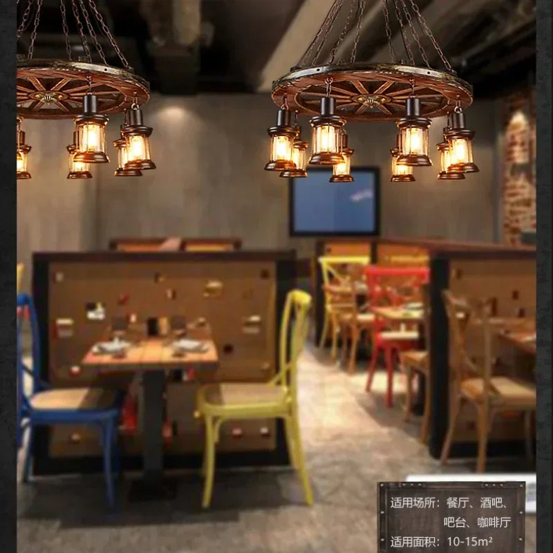 Axyaa Iron LED Wheel Pendant Lights - Industrial Metallic Lustre Hanging Lamps
