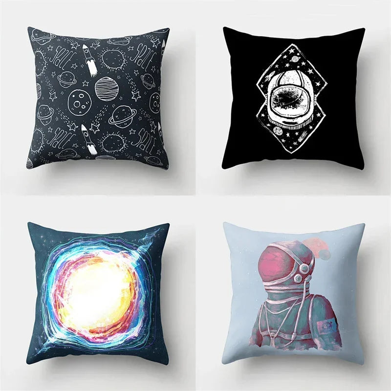 Axyaa Cartoon Star Astronaut Pillow Cover 45x45cm - Cute Moon Rocket Design.