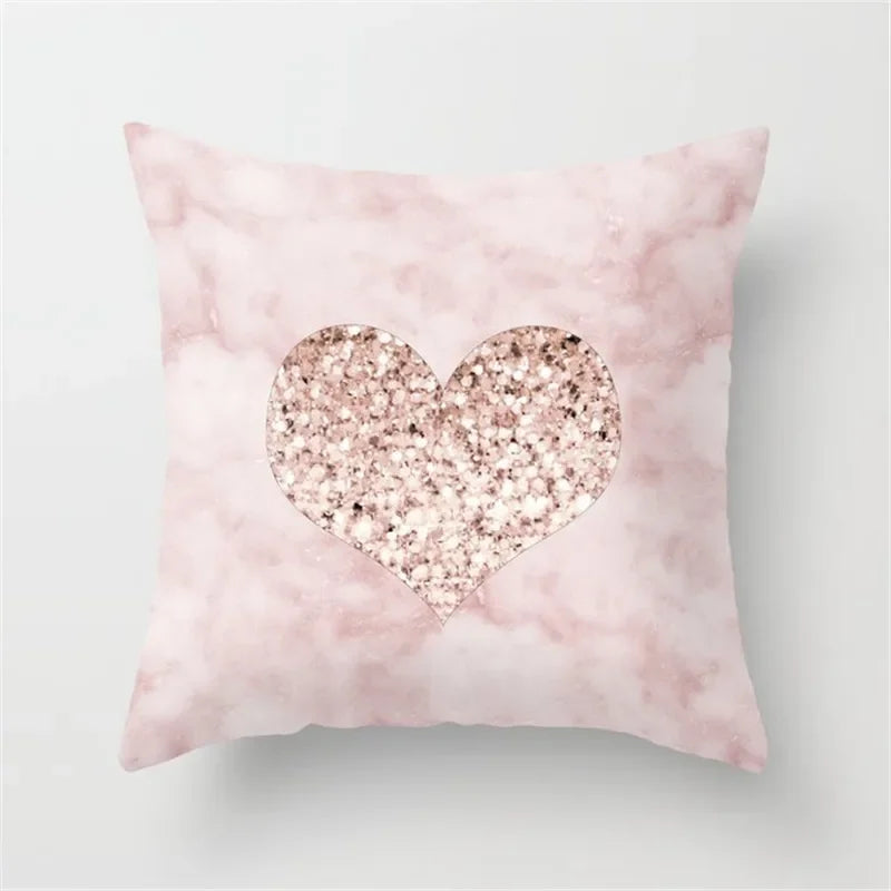 Pink Glitter Letter Flower Geometric Cushion Cover by Axyaa