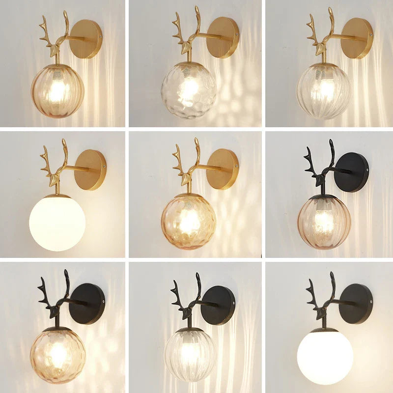 Retro Antlers Glass Ball Wall Lamp for Background Corridor with LED Lighting Night Light