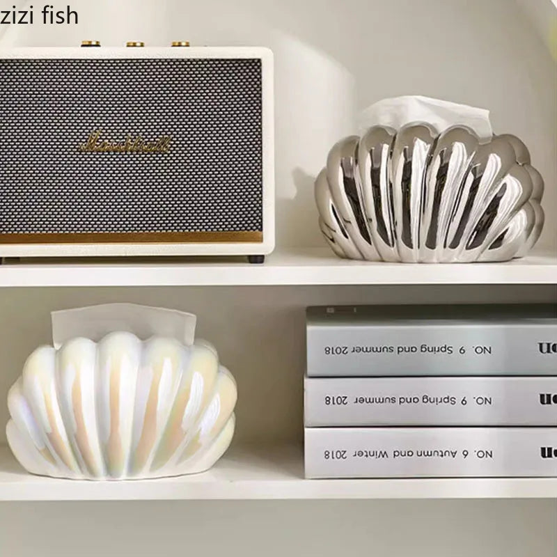 Axya Silver Shell Tissue Box: Cute Clamshell Desktop Container