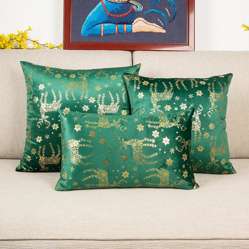 Axyaa Christmas Deer Snowflake Velvet Pillow Cover in Red Green, 30x50cm 45x45cm 50x50cm