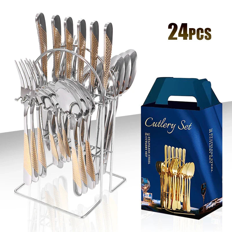 Axyaa Stainless Steel Tableware Set: Steak Knife, Fork, Dessert Spoon - 24pcs