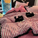 Axyaa Green Stripe Black Cat Embroidery Cotton Duvet Cover Set