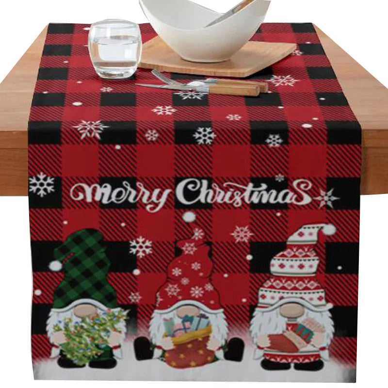 Axyaa Christmas Table Runner with Gnome Elk Tree Snowflake Print