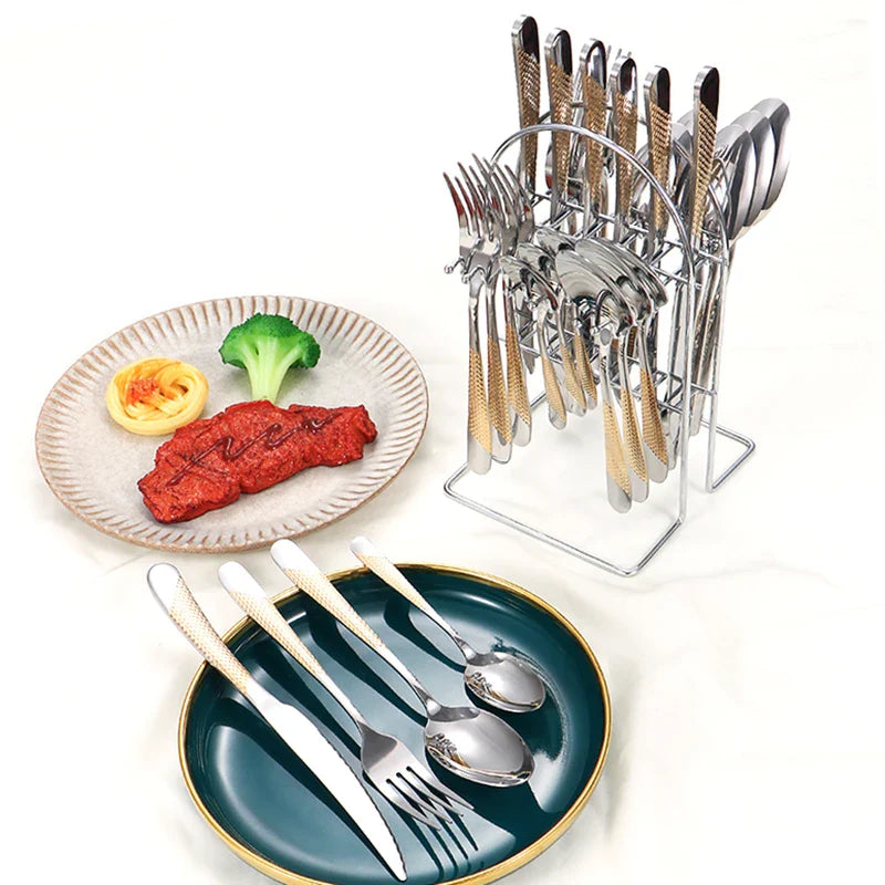 Axyaa Stainless Steel Tableware Set: Steak Knife, Fork, Dessert Spoon - 24pcs