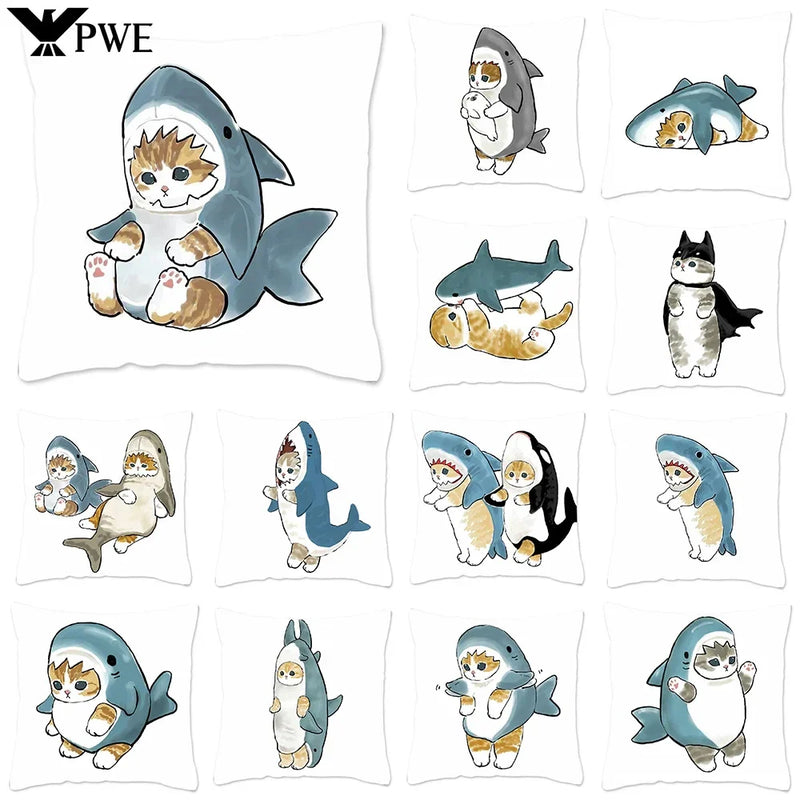 Axyaa Cat Shark Pillow Case: Kawaii Sofa Cushion Cover 45x45cm