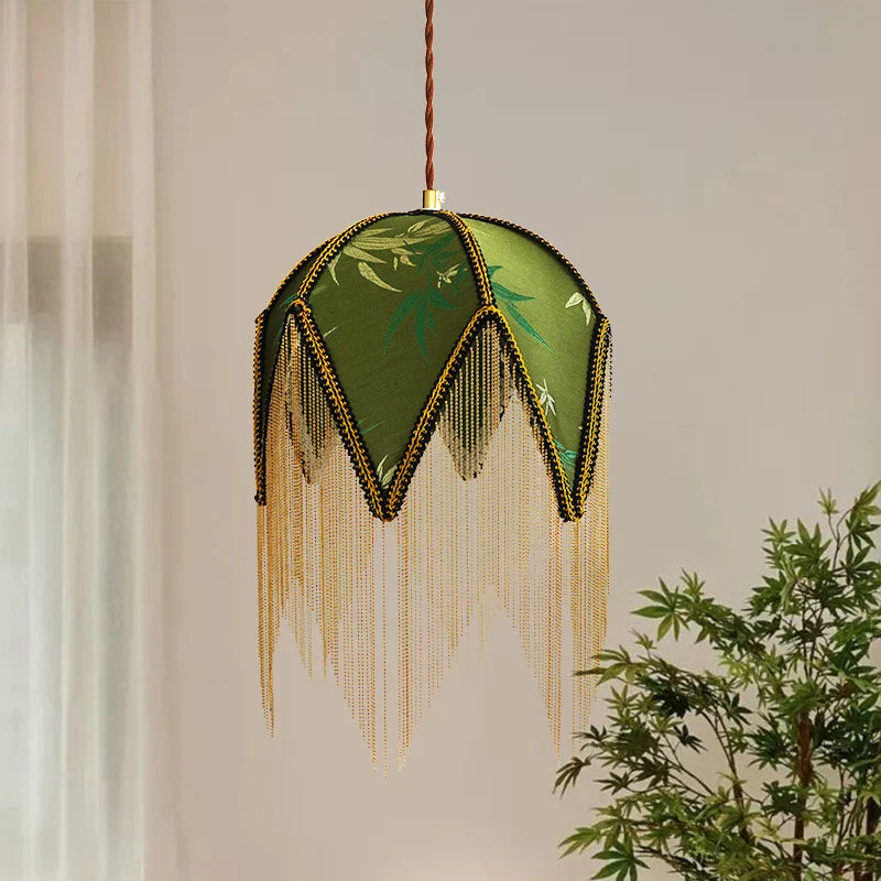 Modern Green Yellow Cloth Gold Iron Hanging Lamp by Axyaa
