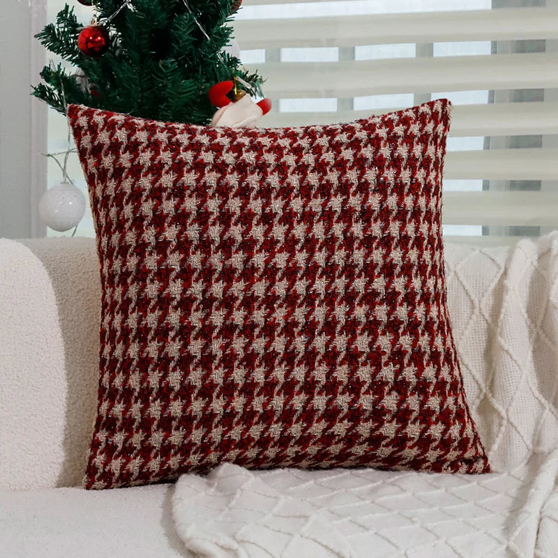 Axyaa Retro Red Houndstooth Christmas Cushion Cover for Home Decor