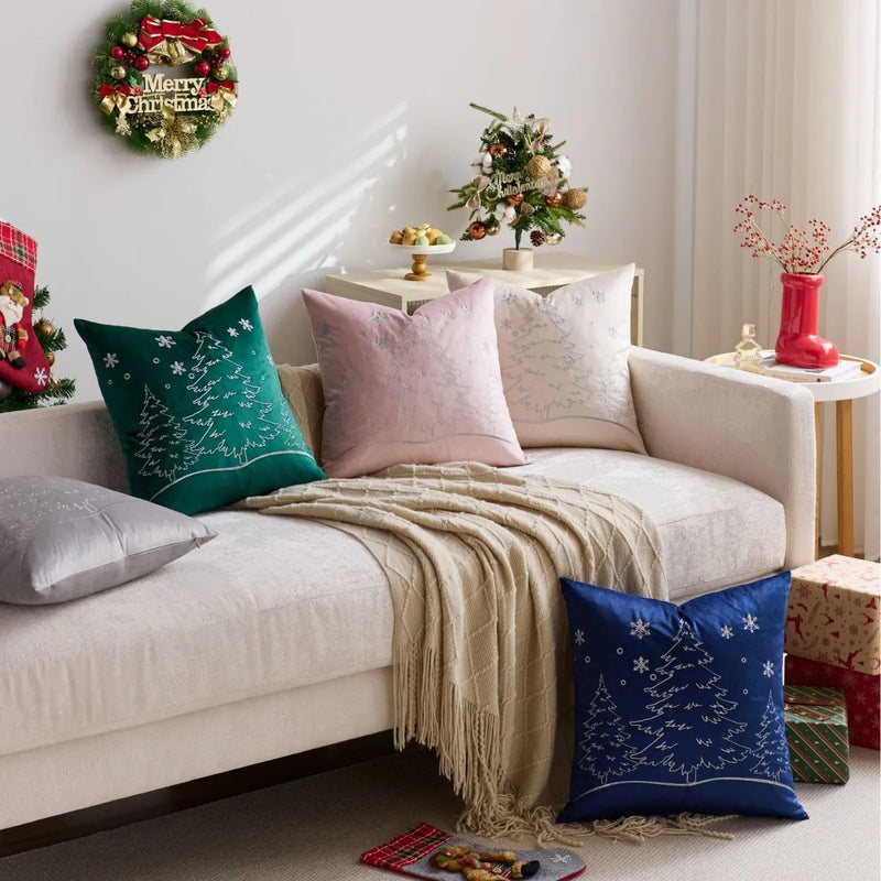 Axyaa Christmas Tree Pillow Cover - Silver Gold Snowflake Velvet - Home Decoration - 45x45cm