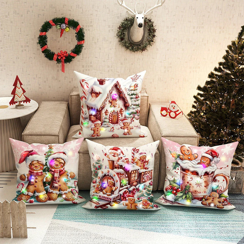 Axyaa Gingerbread Man Candy House LED Pillowcase - Christmas Home Decorating Gift