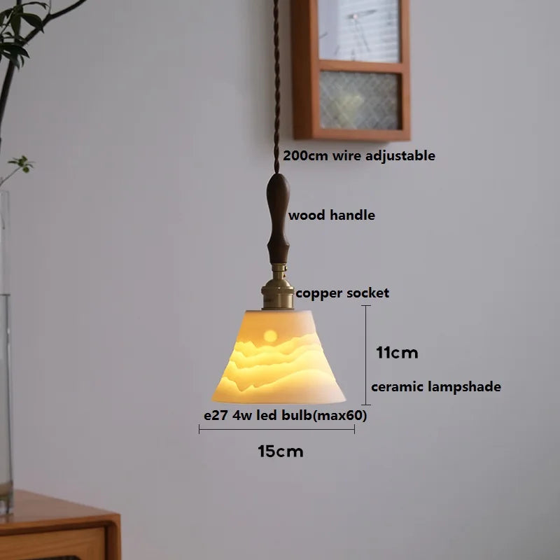 Axyaa White Ceramic LED Pendant Light with Wood Handle - Bedroom Living Room Lamp