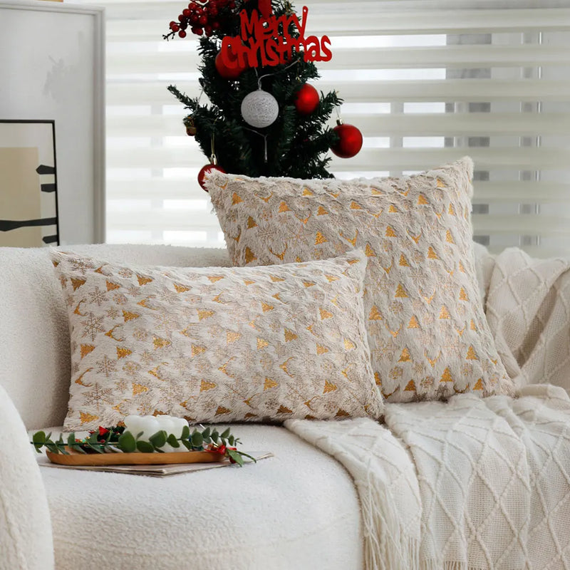 Axyaa Snowflake Elk Foil Print Cushion Cover - Soft Plush Xmas Throw Pillow