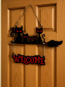 Axyaa Black Cat Welcome Sign & Hanging Ornaments - Witch Broom Decor, Spooky Cat Family