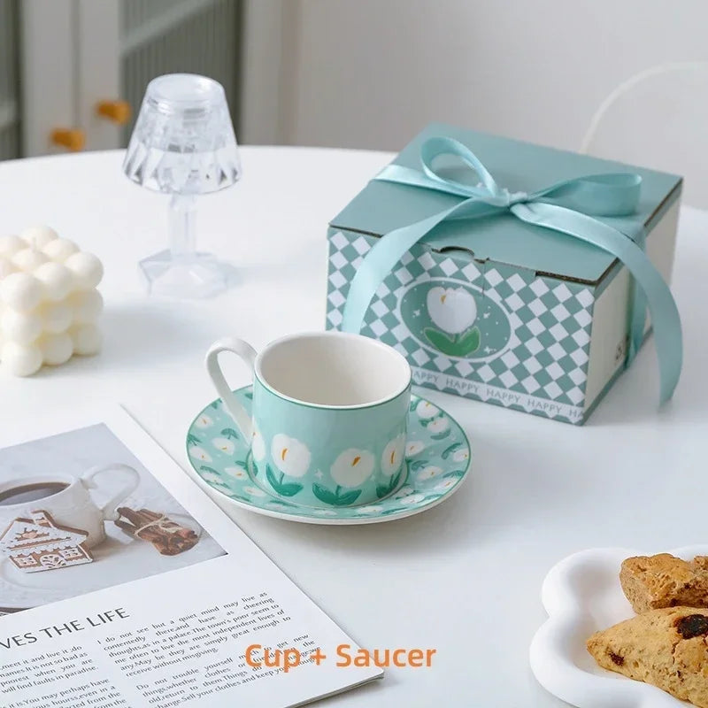 Axyaa Tulip Pattern Ceramic Cup and Saucer Set - Ideal for Tea, Coffee, and Desserts