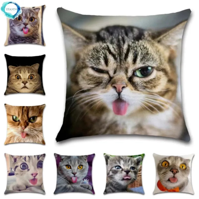Axyaa Cat Tongue Out Decor Cushion Cover – Polyester Throw Pillow for Home Sofa Seat