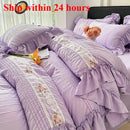 Axyaa Korean Princess Lace Ruffles Wedding Bedding Set with Washed Cotton Soft Duvet Cover