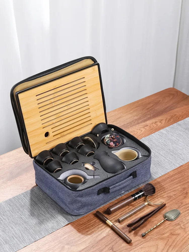 Axya Kung Fu Tea Set with Porcelain Teapot and Bamboo Tray
